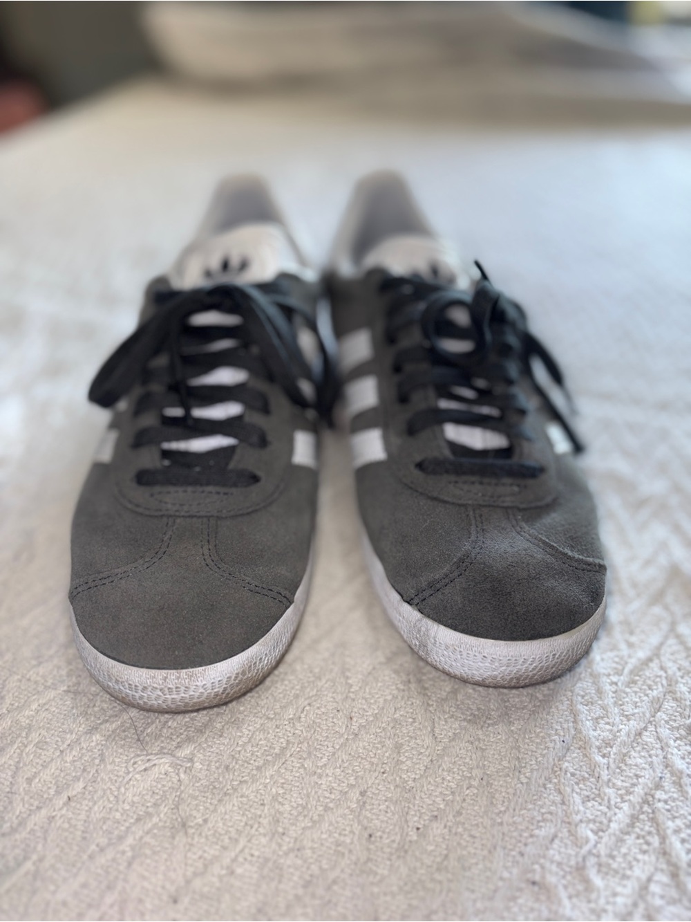 adidas Women's Gray Suede Sneakers with White Stripes